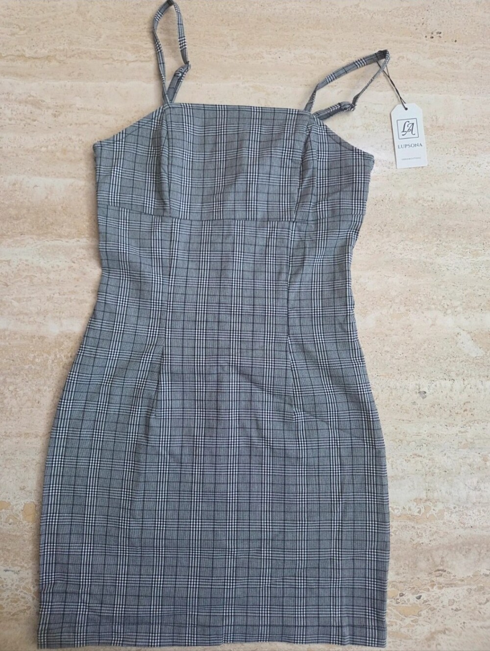 Gray Plaid Spaghetti Strap Mini Dress